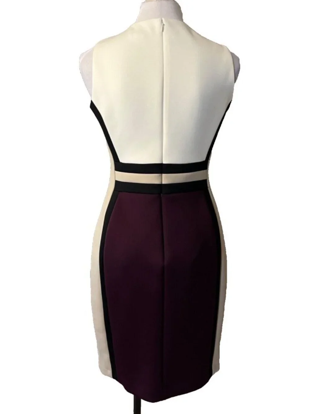 Calvin Klein Dress 8 Black Tan Plum Ivory Stretch Scuba Career Church
